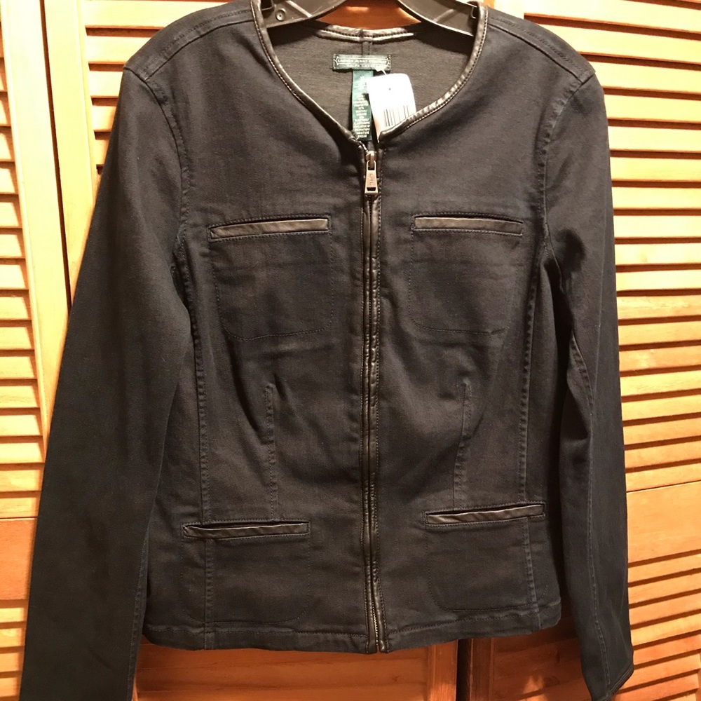 Lauren Ralph Lauren Dark Blue Denim Jacket with Black Faux Leather Trim